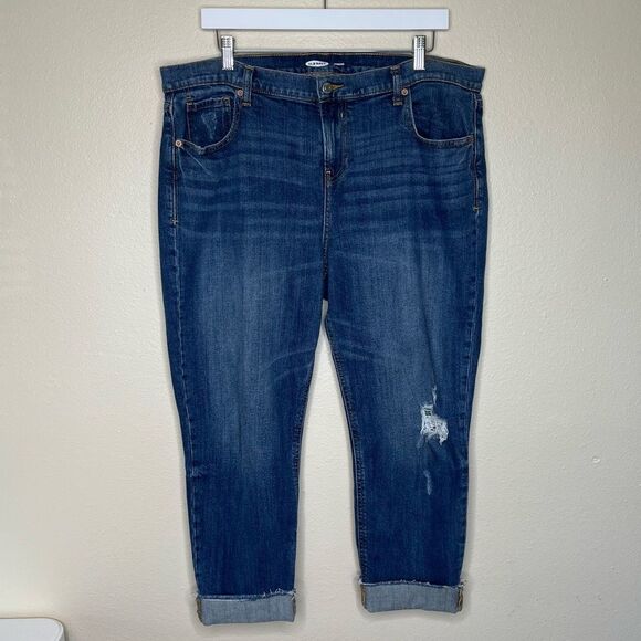 Old Navy Boyfriend Straight Cuffed Distressed Cropped Blue Denim Jeans Women 14 - Picture 12 of 12